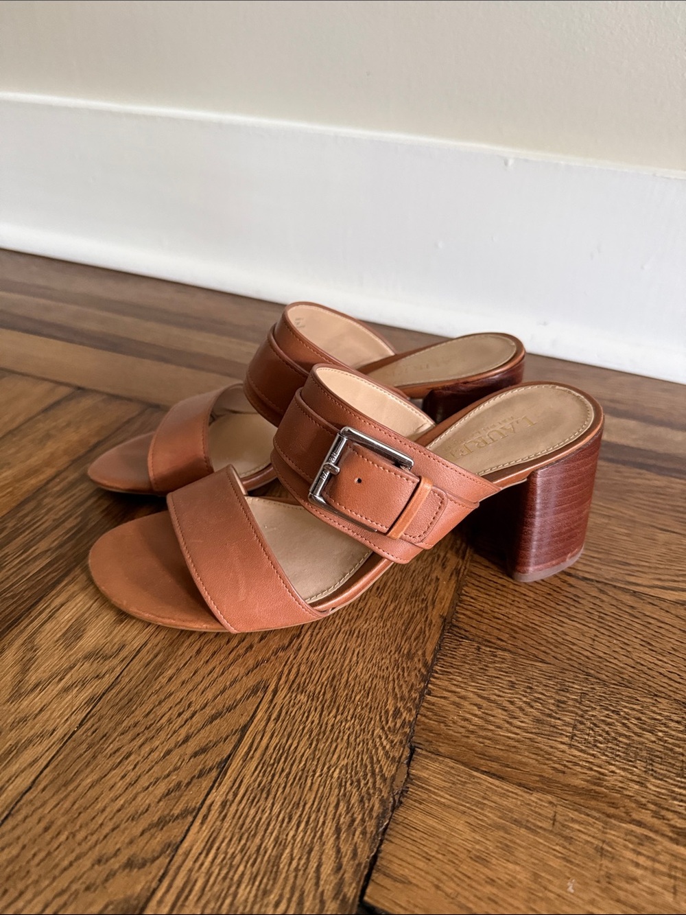 Ralph Lauren Leather Buckle Block Heel Sandals in Tan